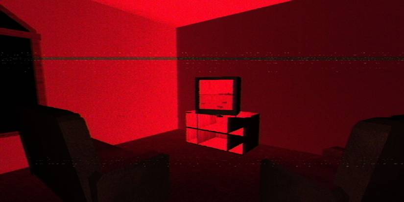 A scene from the horror game Anatomy, featuring a living room in red lighting.