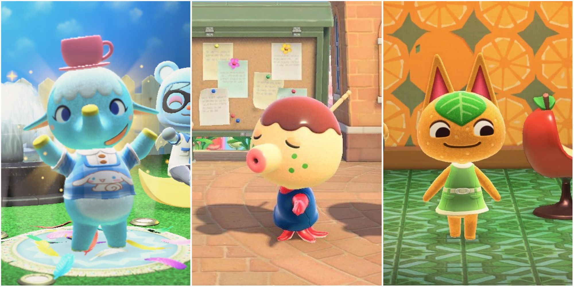 Three way split grid of Chai, Zucker, and Tangy from Animal Crossing.