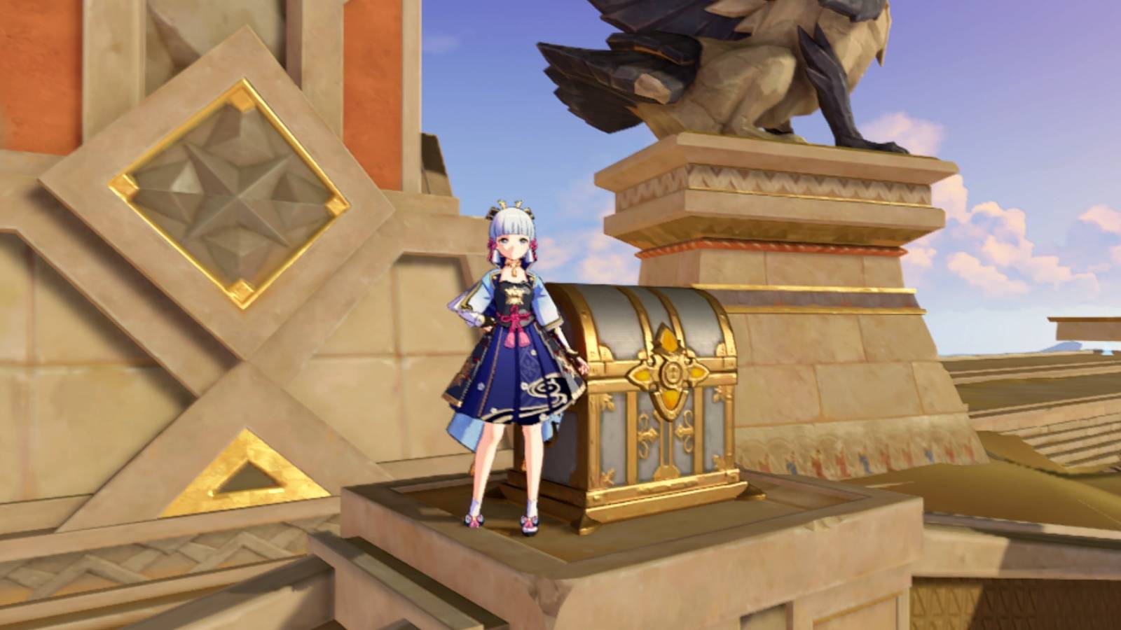 ayaka next to a chest in genshin impact