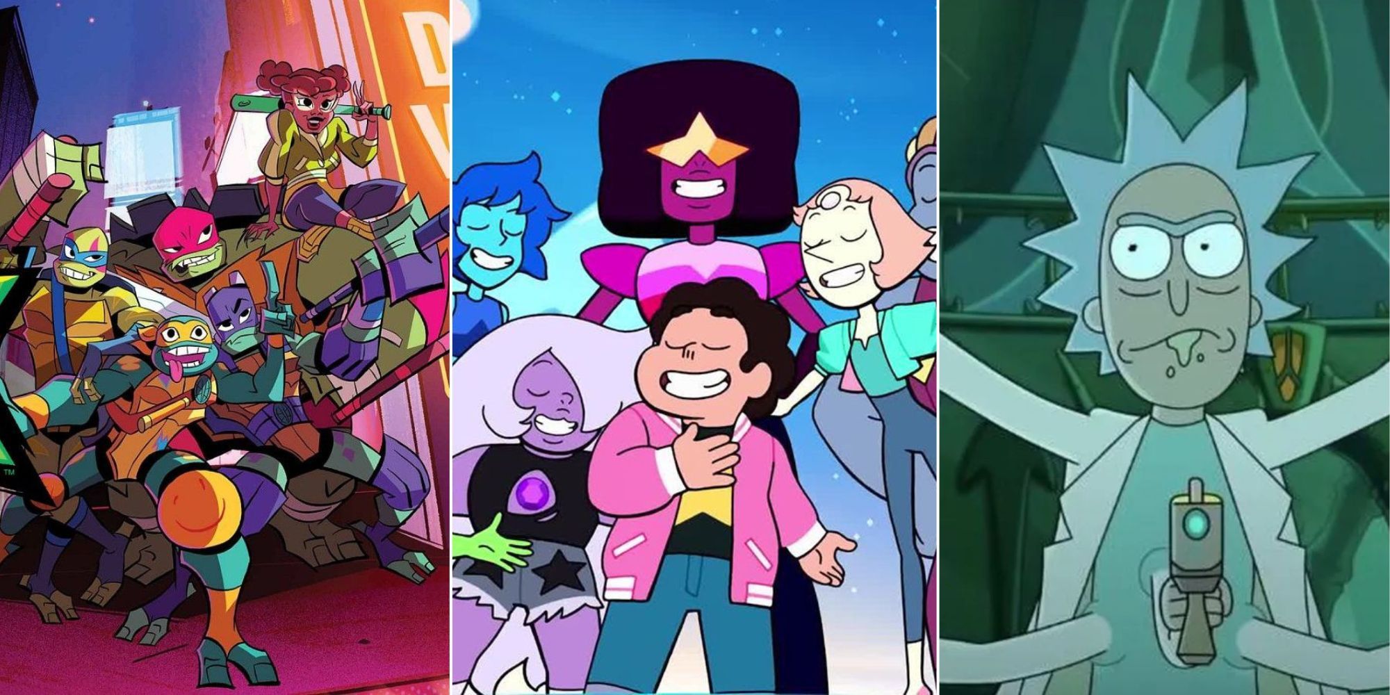 split image of rise of the teenage mutant ninja turtles, steven universe, and rick and morty