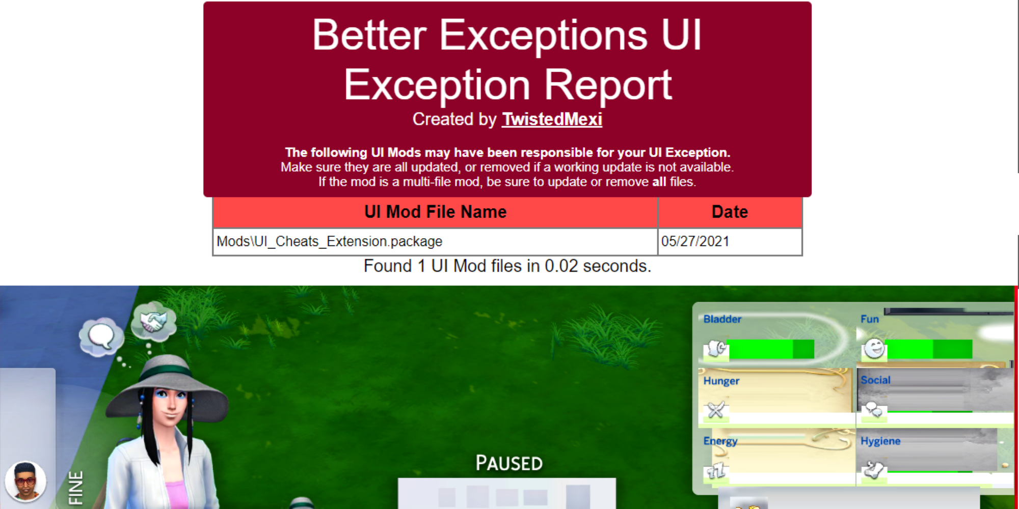 Screenshot of a word document detailing 'Better Exceptions UI Exception Report' overlayed on top of a screenshot from The Sims 4 that appears to be bugged.