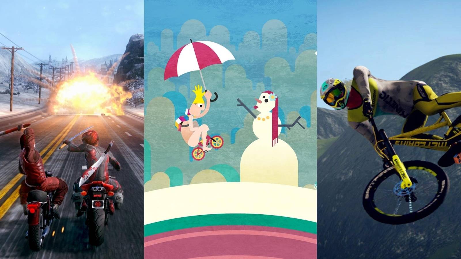 bikers fight in Road Redemption, rider in Icycle On Thin Ice, biker in Descenders