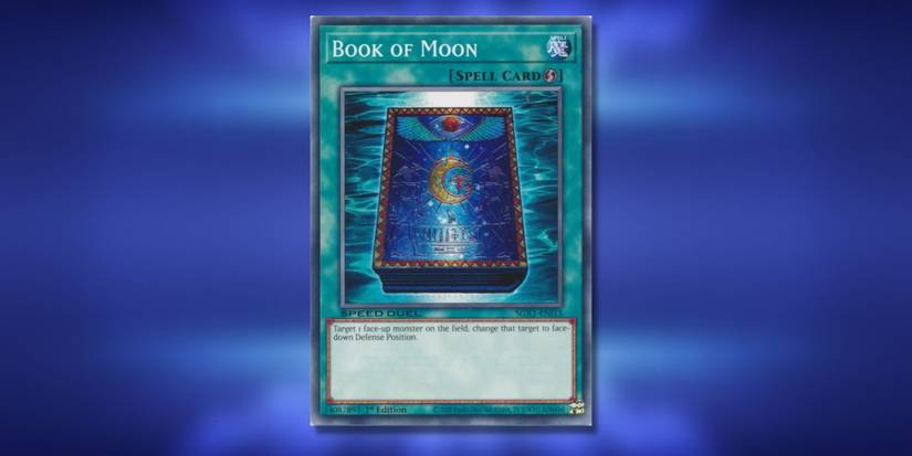 Book of Moon, a Yu-Gi-Oh Card with a blue book on it, on a blurred background.