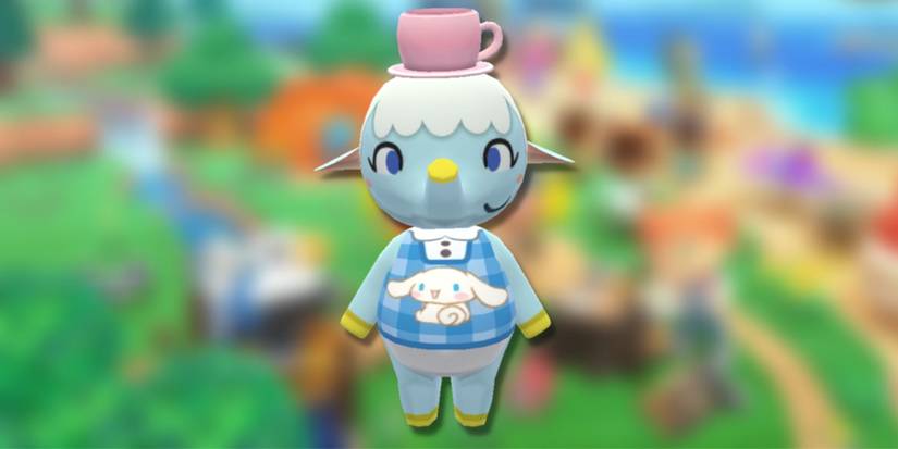 Chai, a pastel blue elephant with a pink teacup on her head, on a blurred green background.