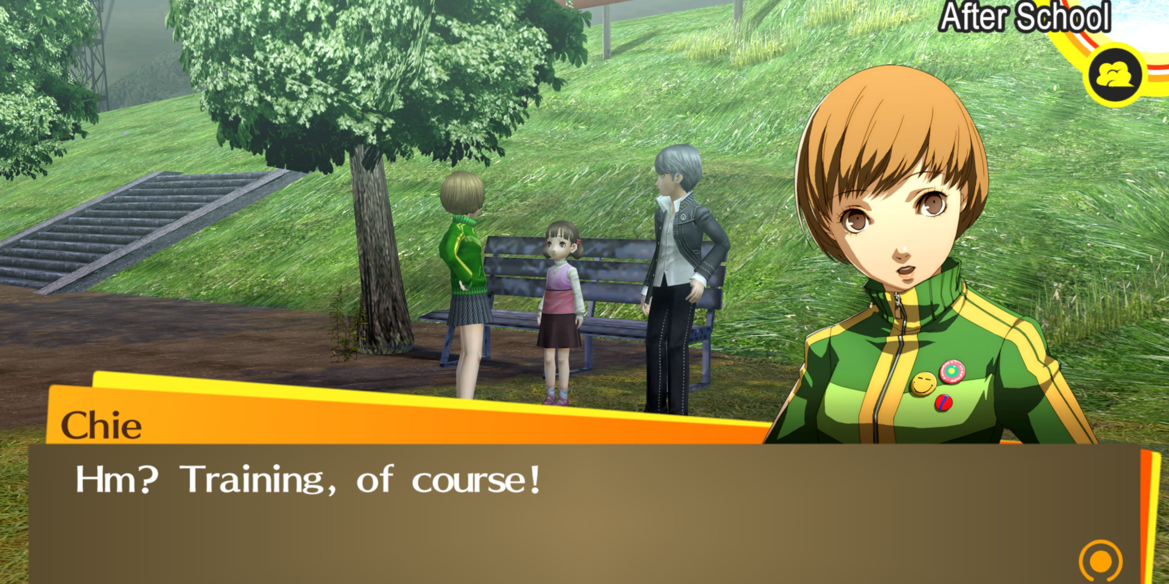 Chie down by the river with the Protagonist and Nanako in Persona 4