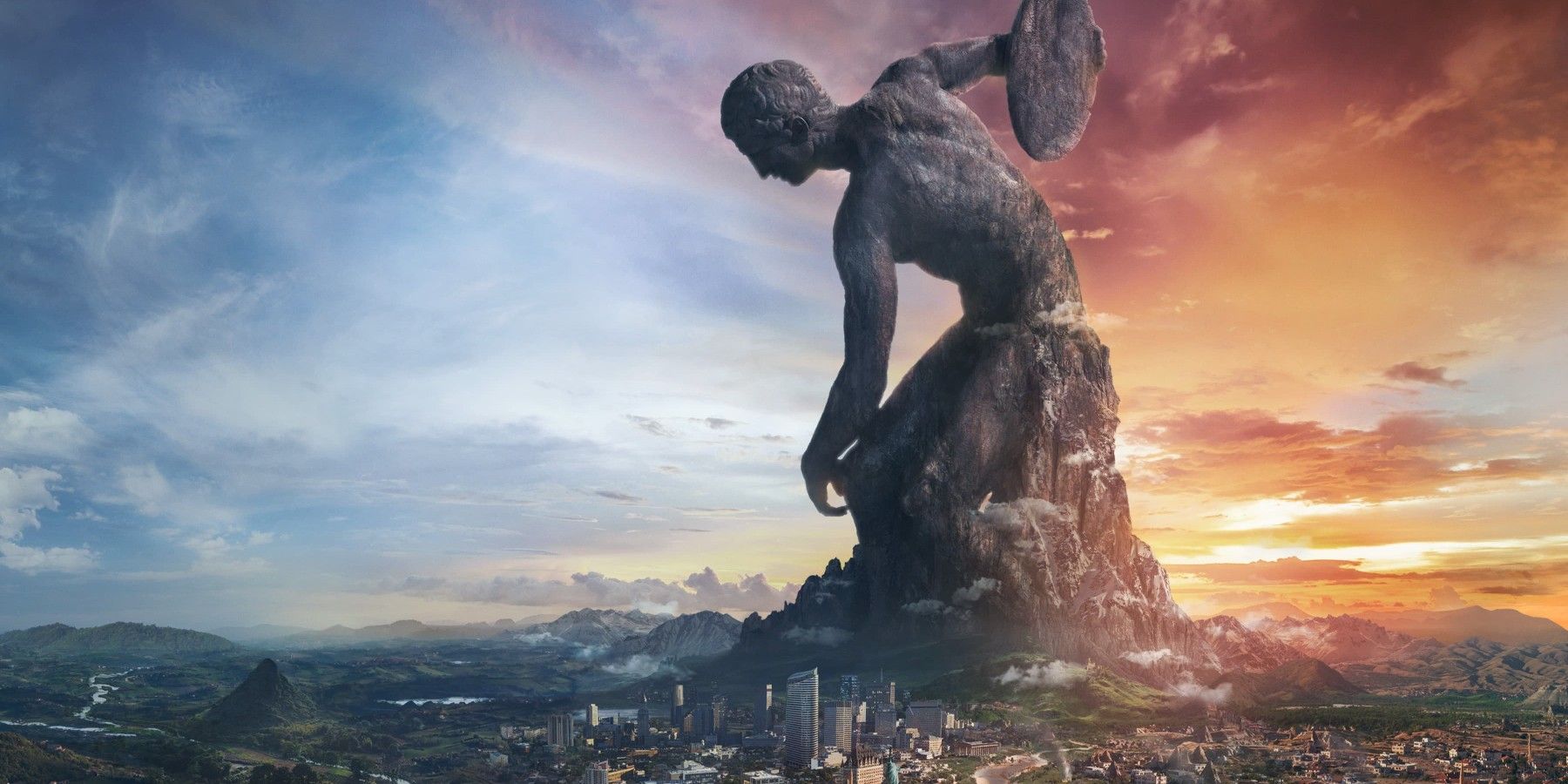 Statue on mountain above city from Civilization 6