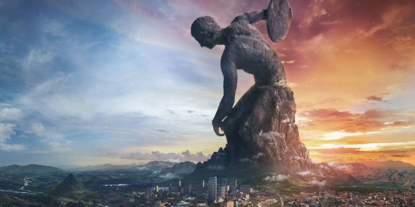 Statue on mountain above city from Civilization 6