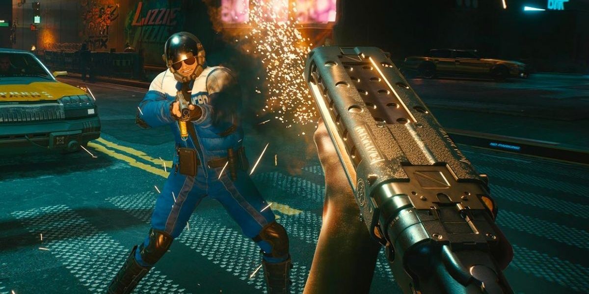 cyberpunk 2077 player shooting at an enemy 