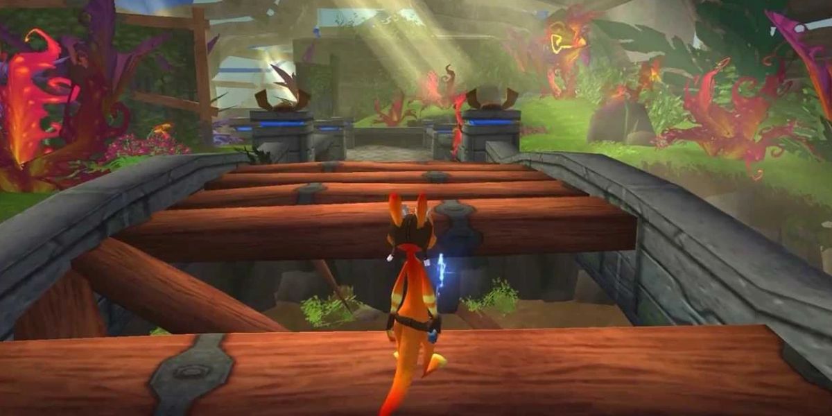 Daxter stands on a wooden beam within a forested area 