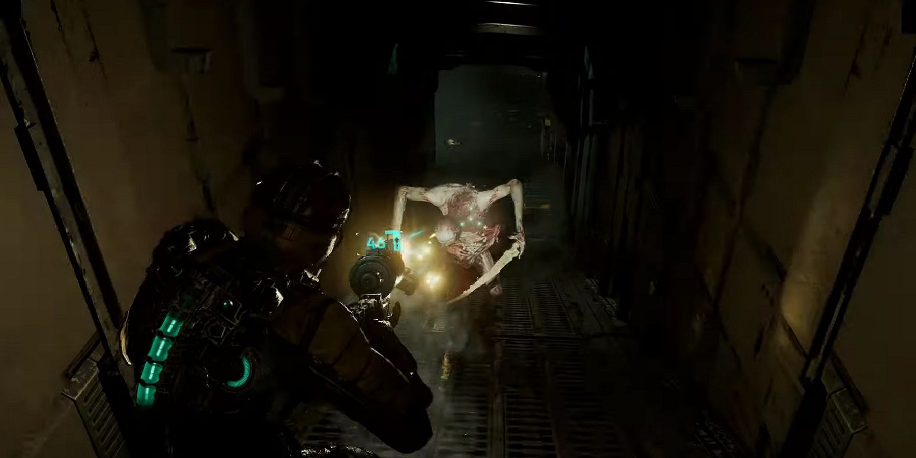 Screenshot from the Dead Space remake showing Isaac Clarke shooting a Necromorph.