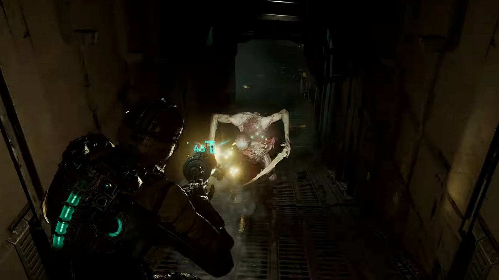 Screenshot from the Dead Space remake showing Isaac Clarke shooting a Necromorph.