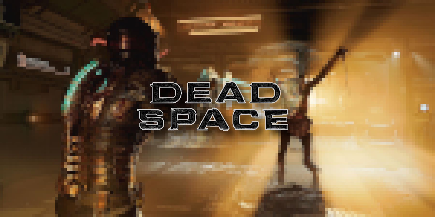 Image from Dead Space showing a pixelated Isaac Clarke shooting at a Necromorph.