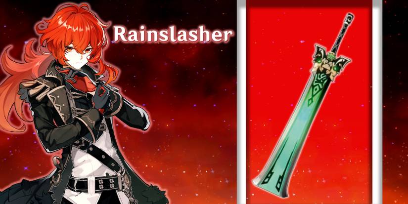 diluc holding rainslasher in genshin impact
