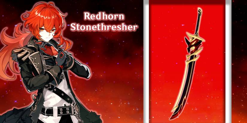 diluc holding redhorn stonethresher in genshin impact