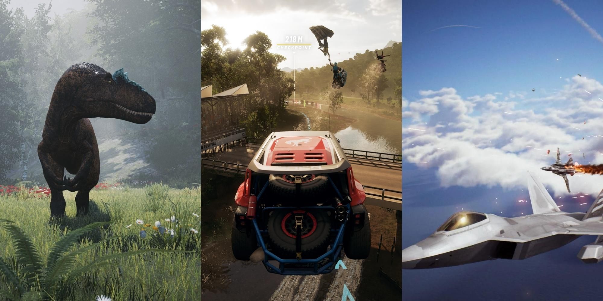 dinosaur in The Isle, car jumping in Forza Horizon 5, battle in Ace Combat 7 Skies Unknown