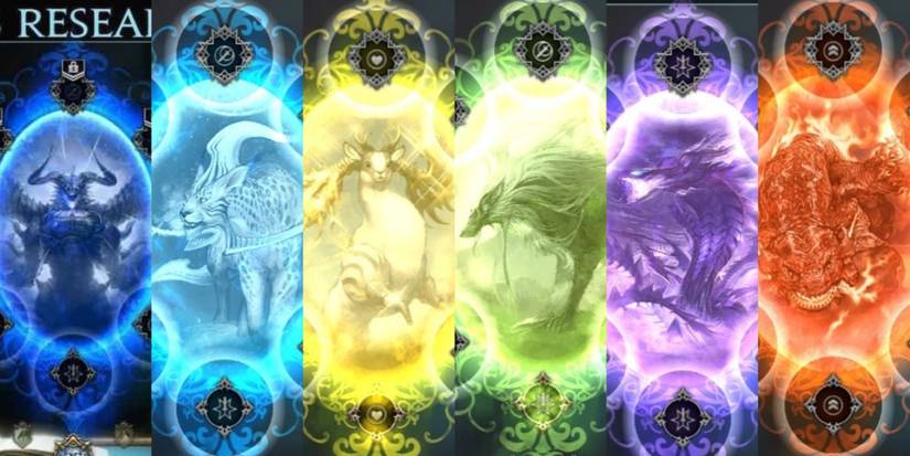 Split image of Bahamut, Coeurl, Goldhorne, Fenrir, Ouroboros, and Salamander in The DioField Chronicle