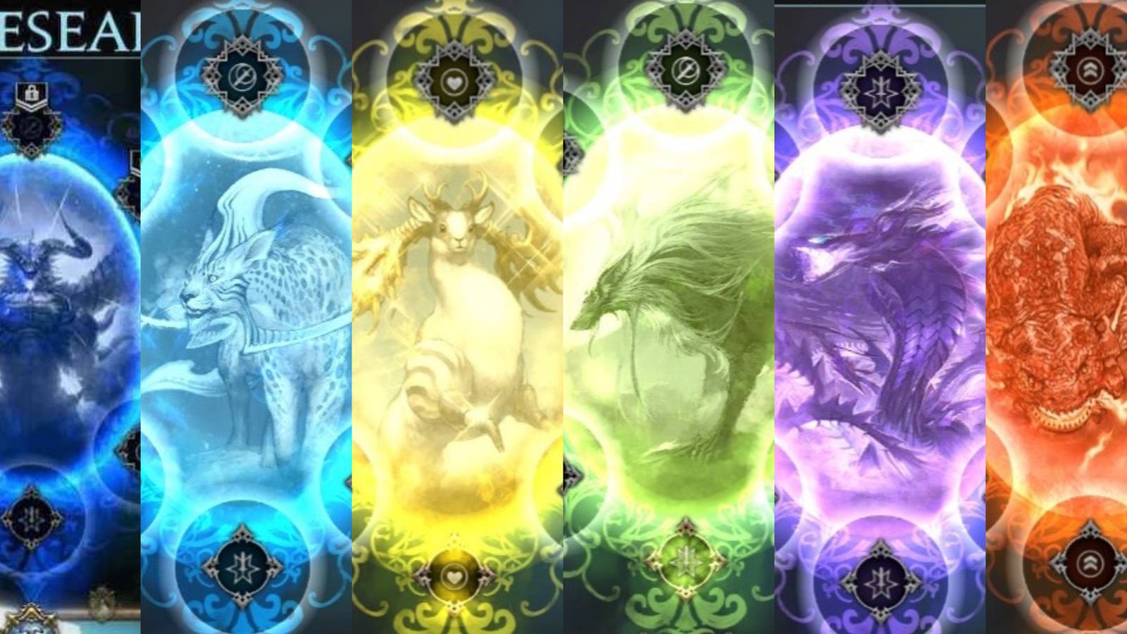 Split image of Bahamut, Coeurl, Goldhorne, Fenrir, Ouroboros, and Salamander in The DioField Chronicle