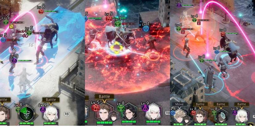 Split image of three different battles with Waltaquin as a party member in The DioField Chronicle