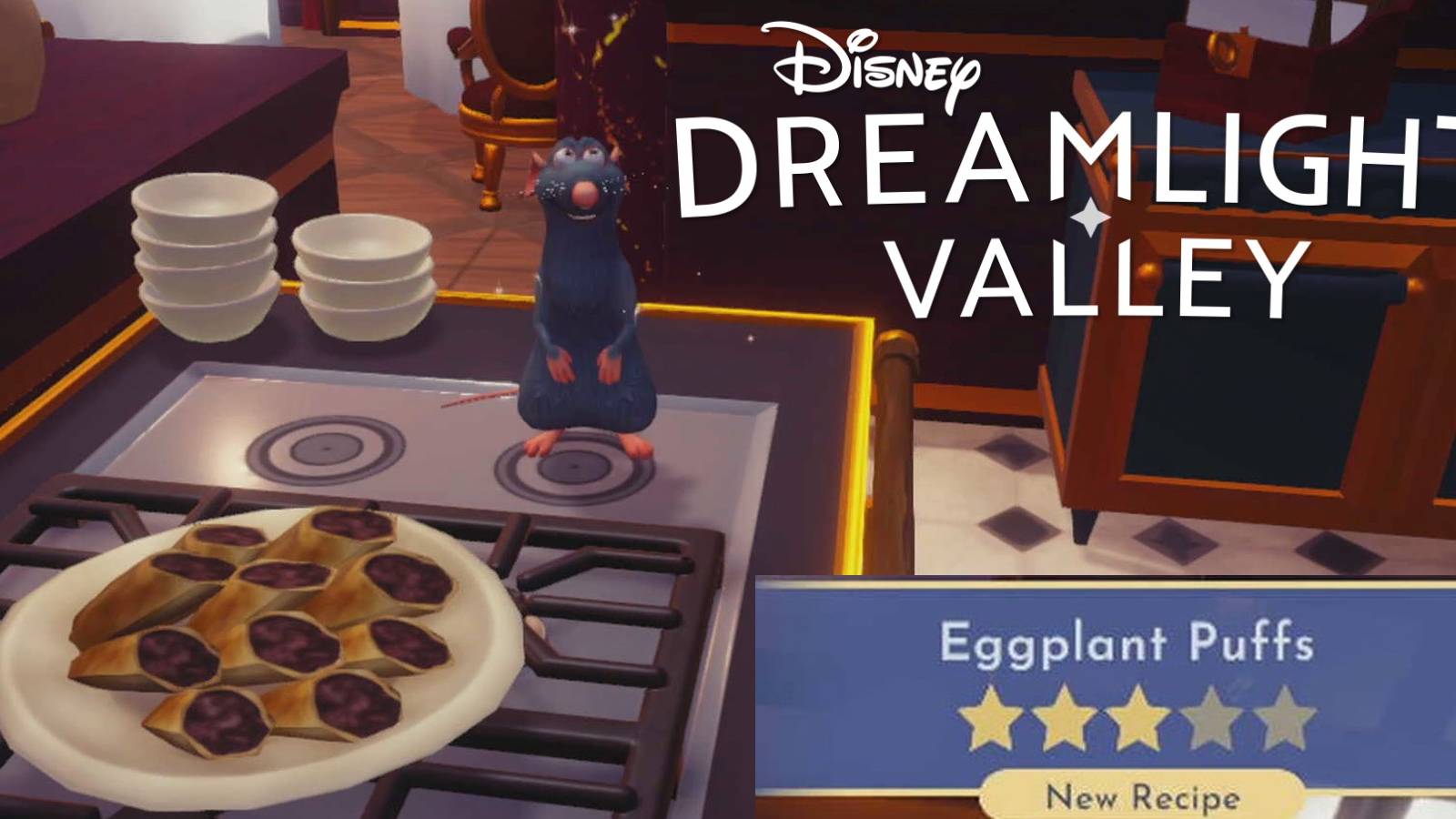 disney dreamlight eggplant puffs and logo