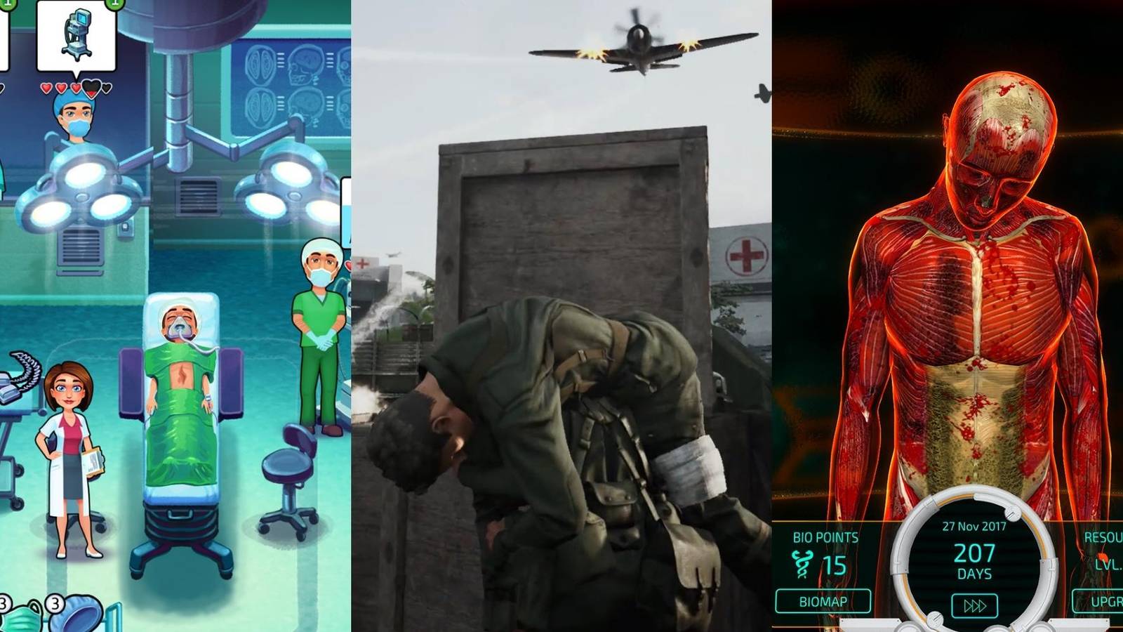 doctors operating in Heart's Medicine - Time to Heal, medic savingn a soldier in Medic Pacific War, virtual body in Bio Inc. Redemption