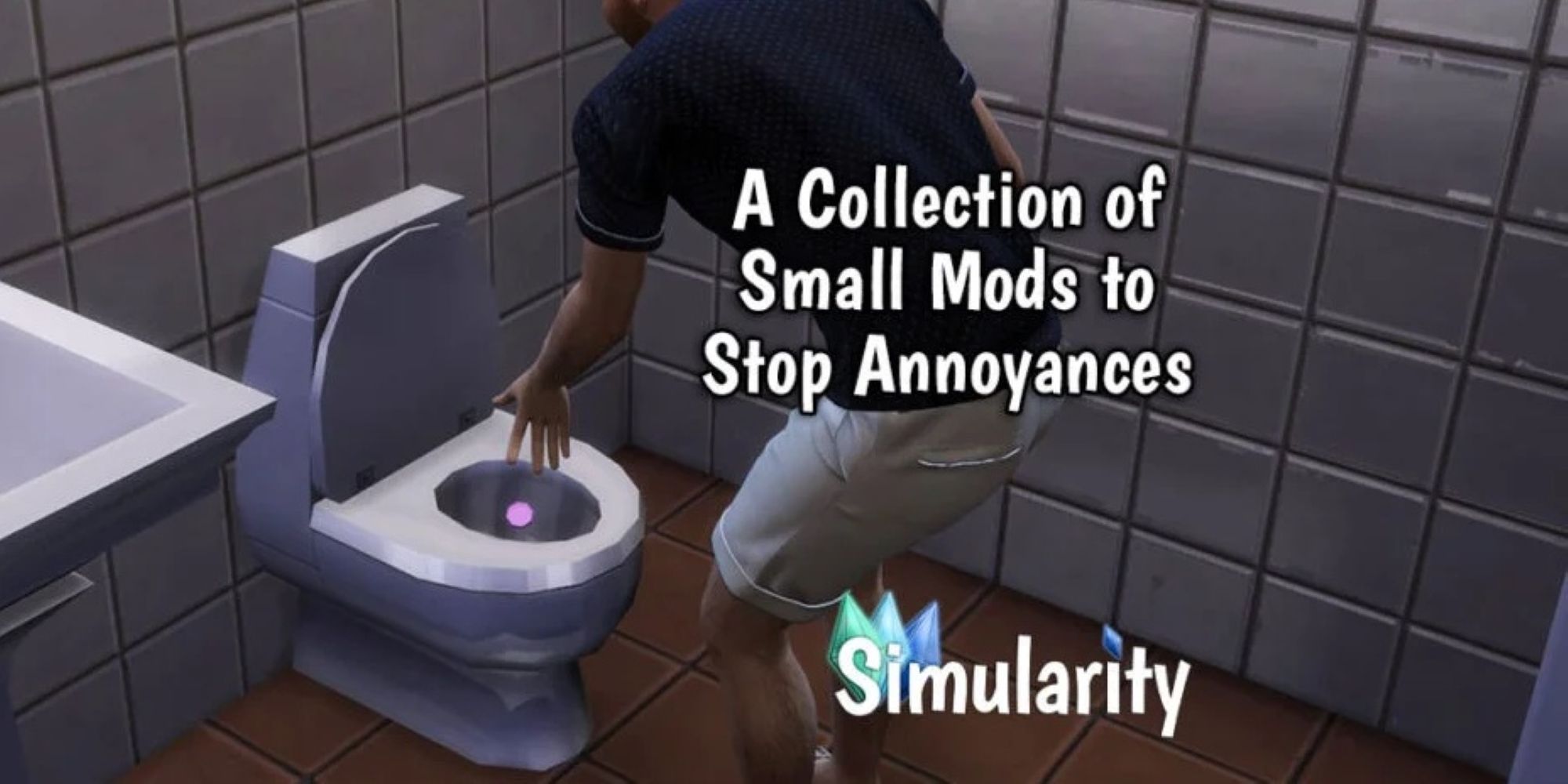 Screenshot of a The Sims 4 bathroom with text overlayed.