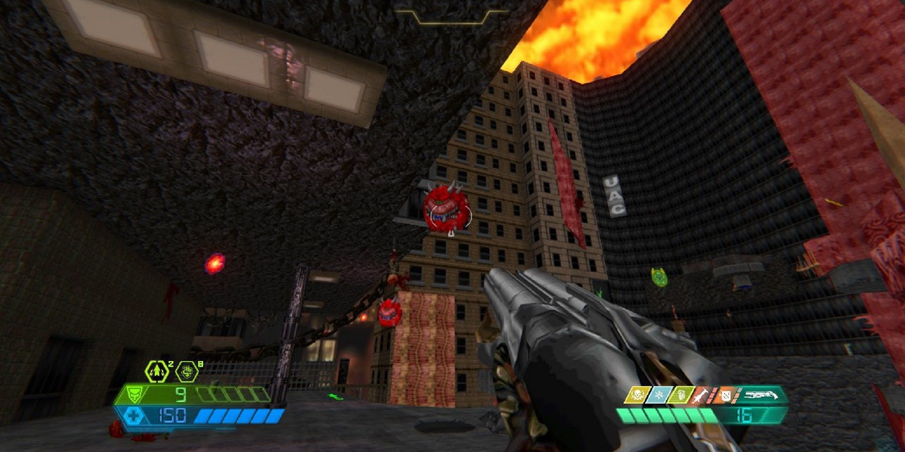 Image from a Doom 2 mod showing the Doom Eternal shotgun about to fire at a classic Cacodemon.