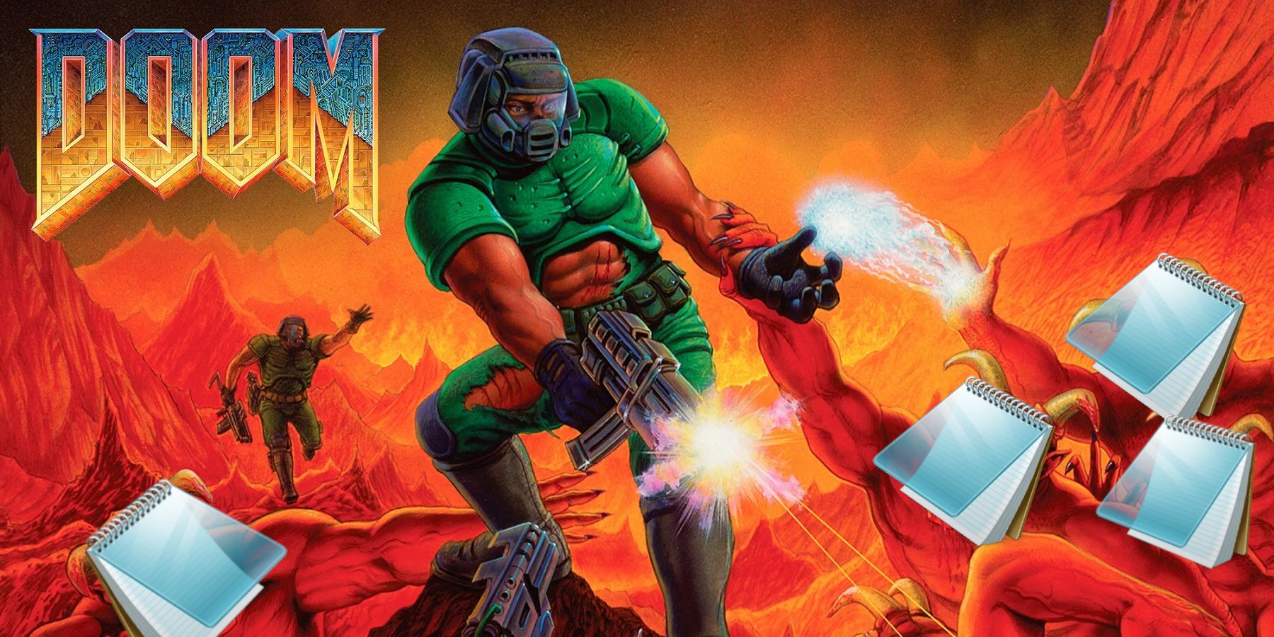 Boxart for the original Doom showing the Doomguy shooting at demons that have Microsoft Notepad icons for faces.