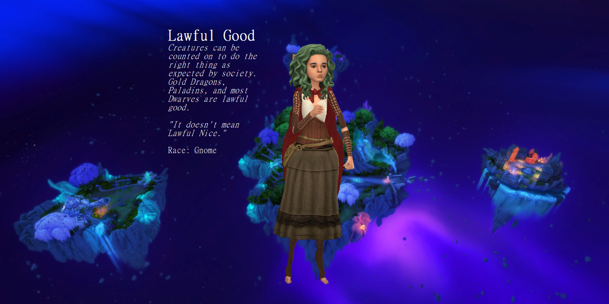 A Sim imposed on a galaxy background with the text 'Lawful Good'