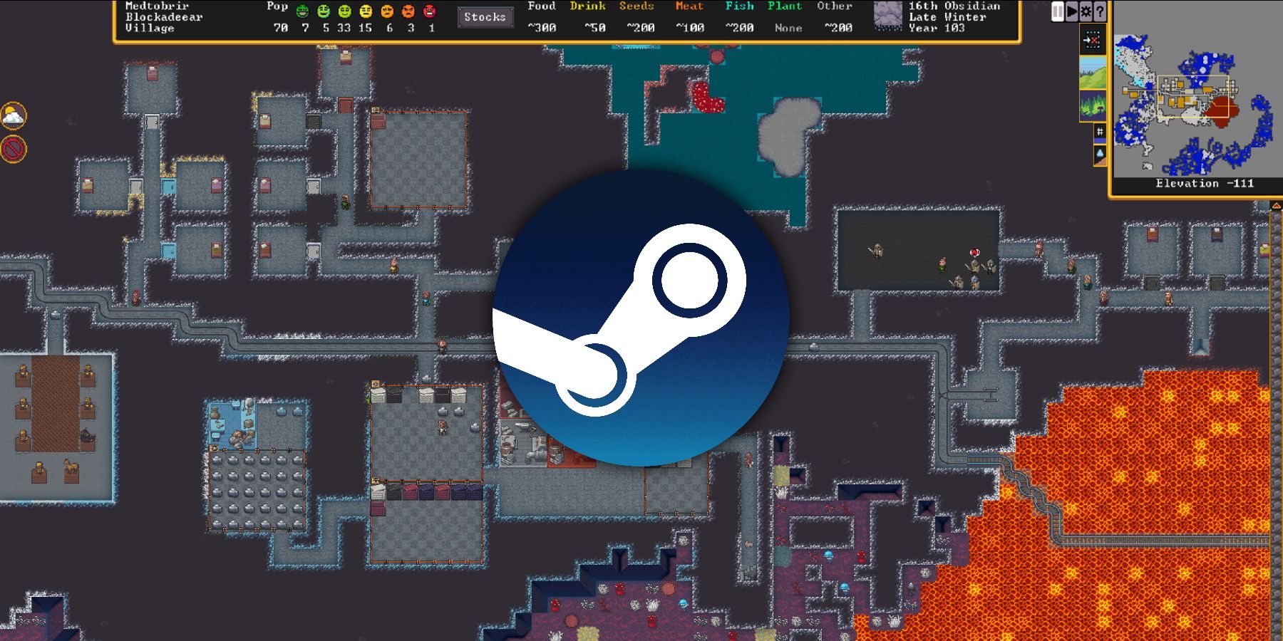 dwarf fortress screenshot overlayed with steam logo