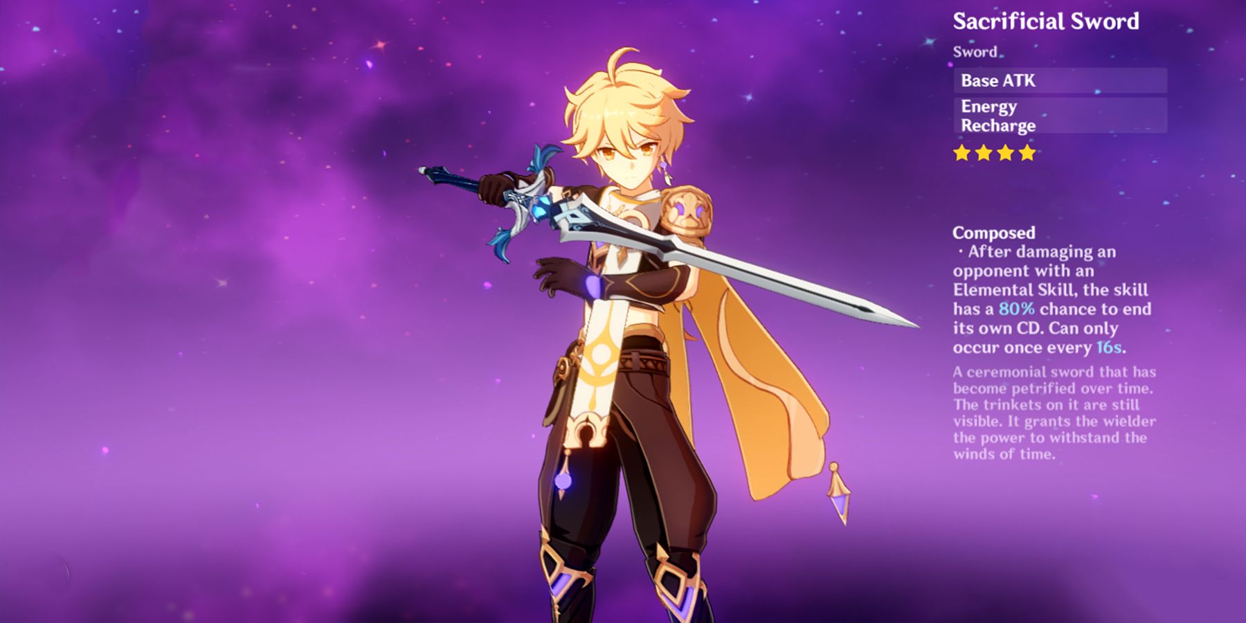 electro traveler holding sacrificial sword in genshin impact