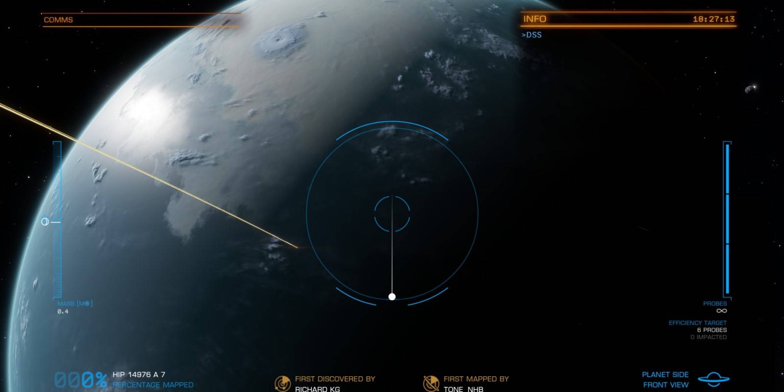 A shot of a surface scanning probe on its way to a planet's surface.