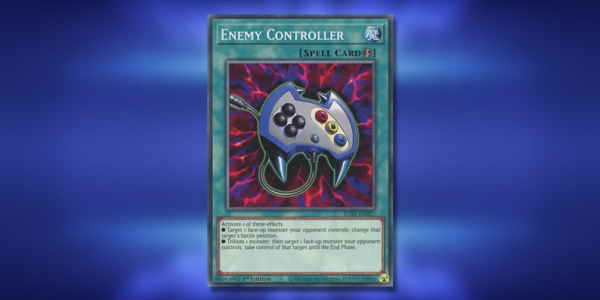 Yu-Gi-Oh card 'Enemy Controller' on a blurred blue background. Card depicts a video game controller on a red background.