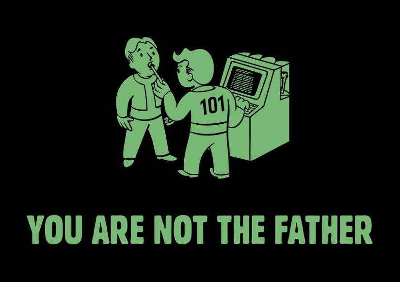 Image from Fallout 3 showing a cartoon drawing of someone being examined by a Vault 101 dweller.