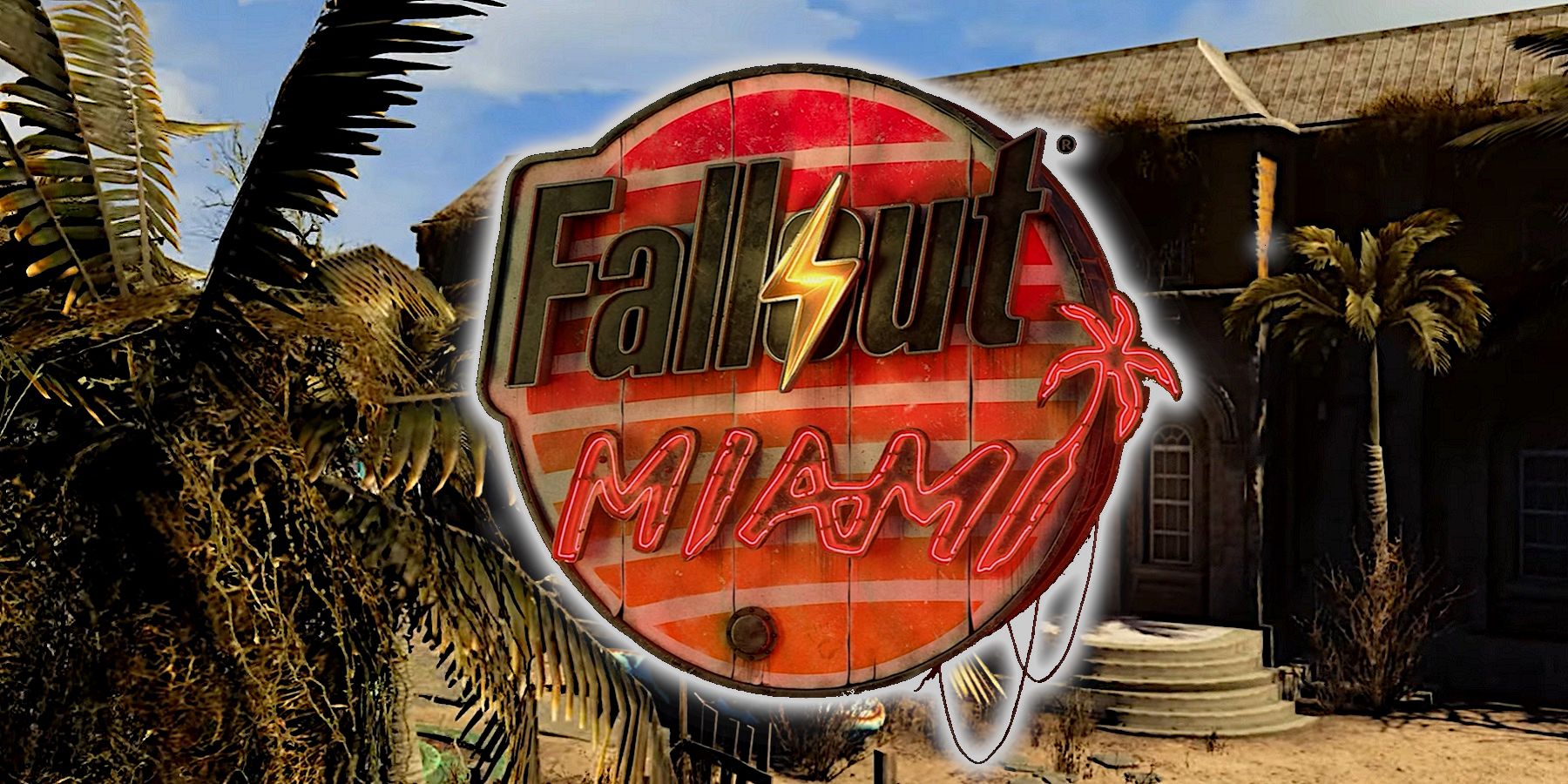 Логотип мода Fallout 4 Fallout Miami с пальмами за ним.