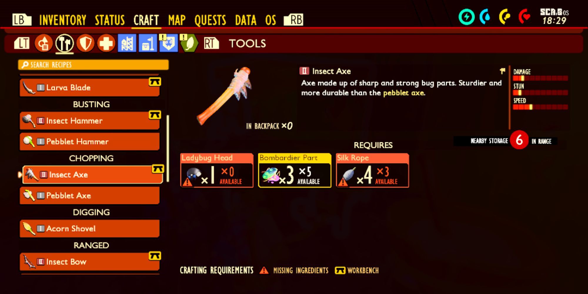 Insect Axe Recipe Menu In Grounded