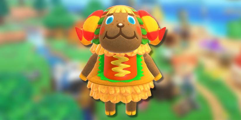 Frita, a burger themed sheep, on a blurred green background.
