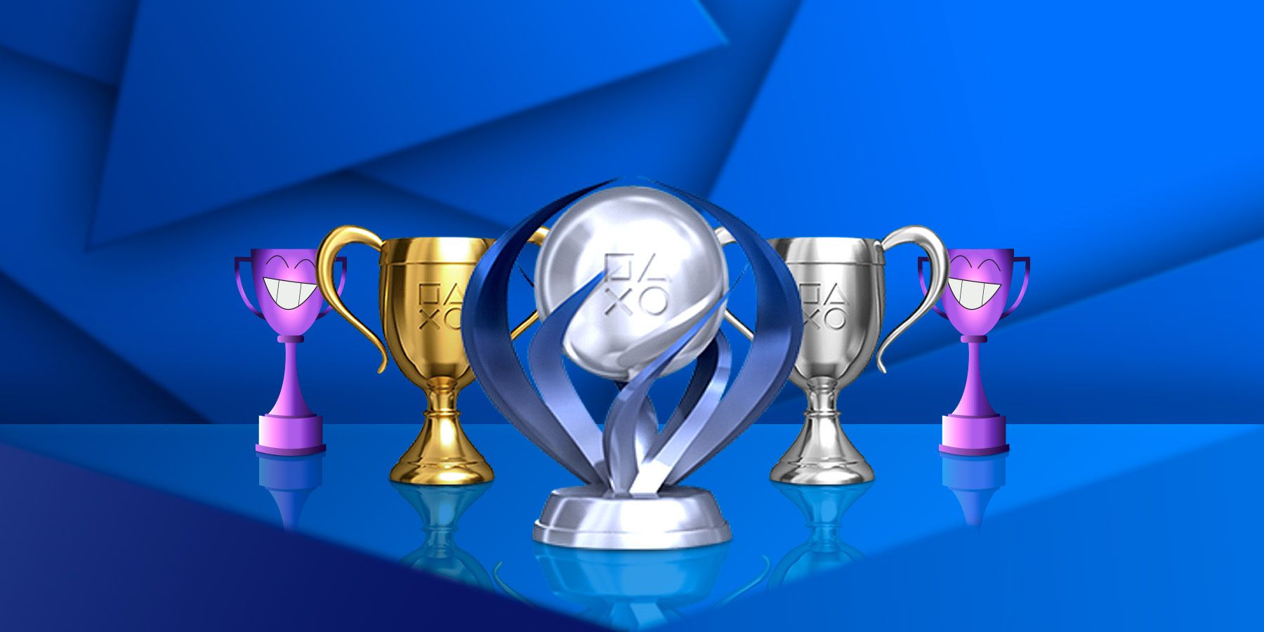 A platinum, gold, and silver PlayStation trophies with laughing trophies flanking them