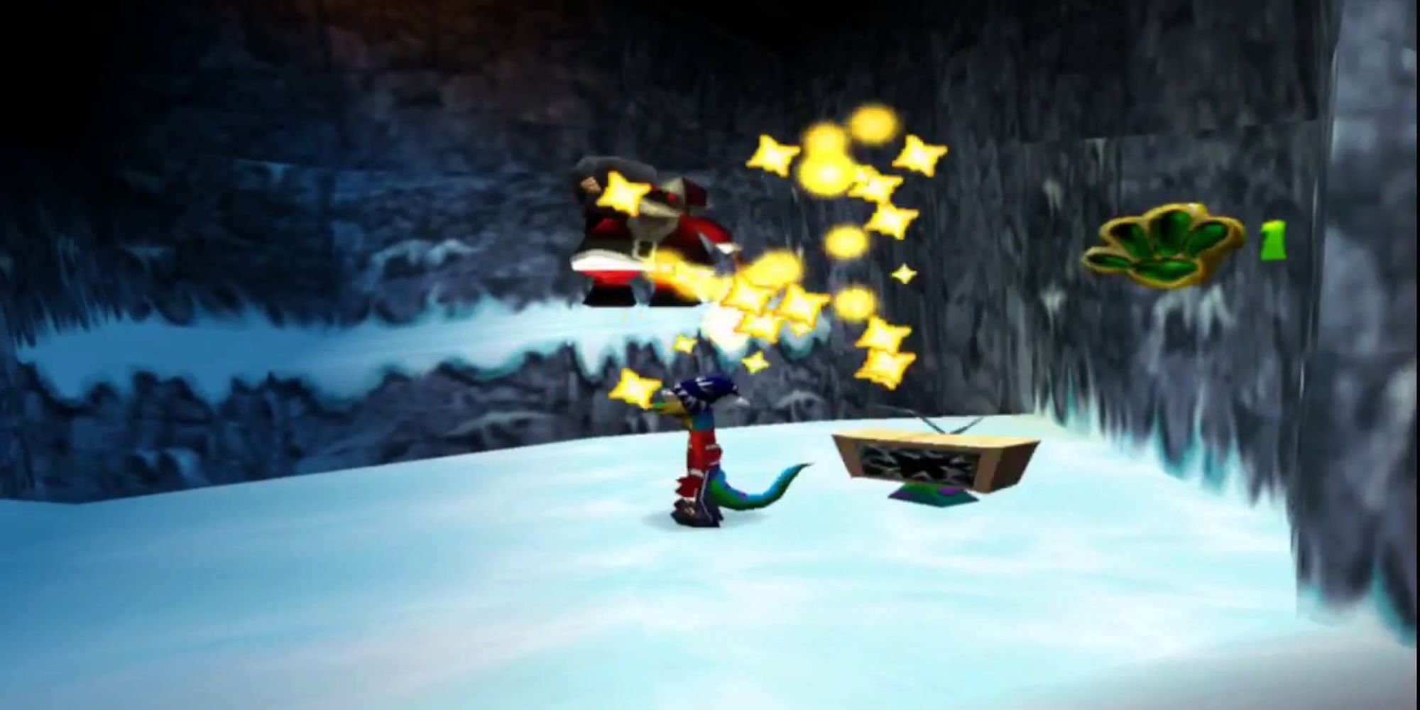 Gex fights and Evil Santa in a snowy cave