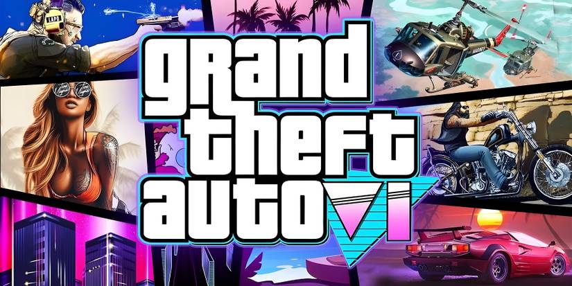 Image showing the Grand Theft Auto 6 logo with a bunch of flashy Vice City-esque images around it.