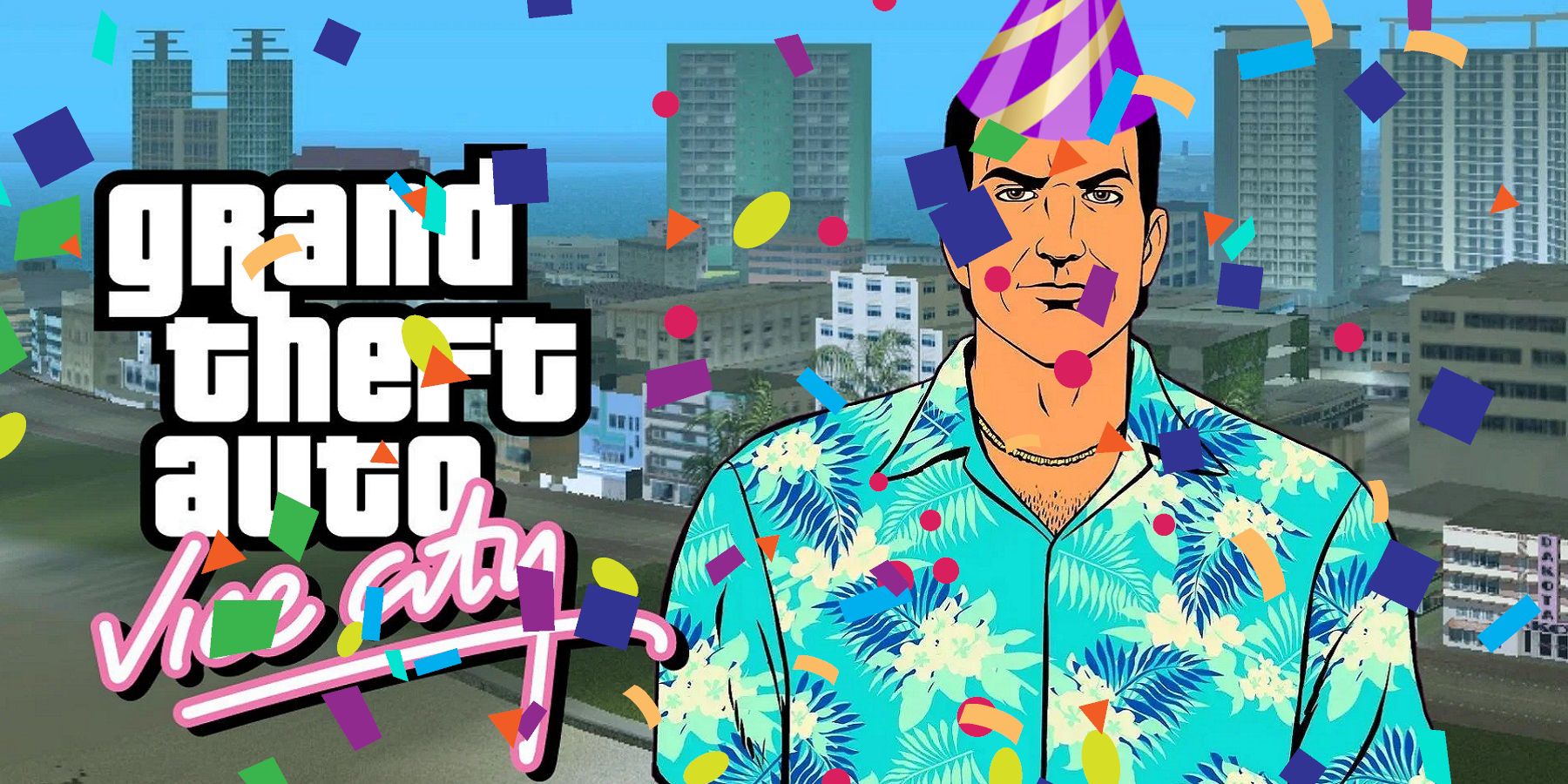 Image from GTA: Vice City showing Tommy wearing a party hat with paryt confetti falling all around him.