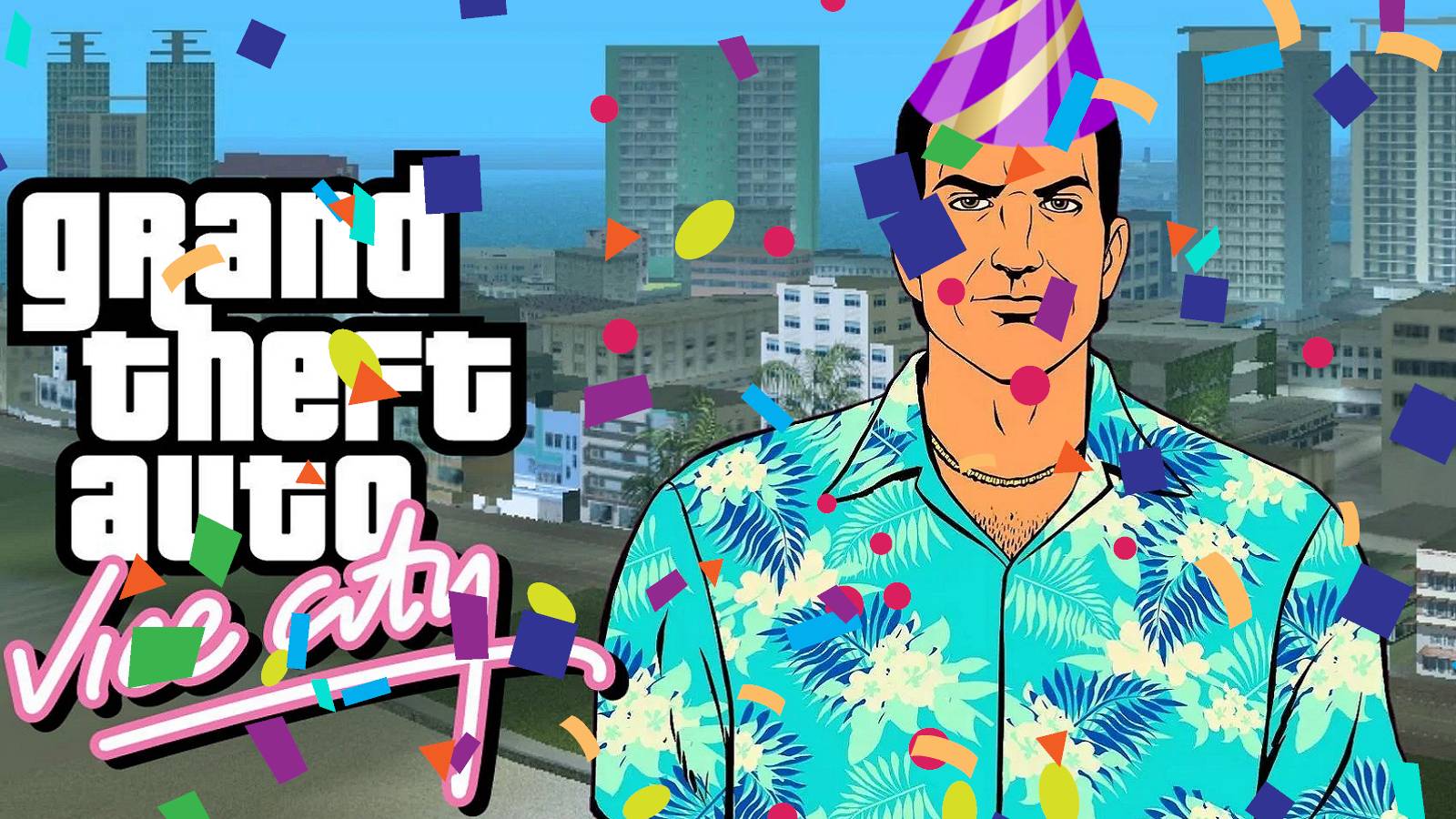 Image from GTA: Vice City showing Tommy wearing a party hat with paryt confetti falling all around him.
