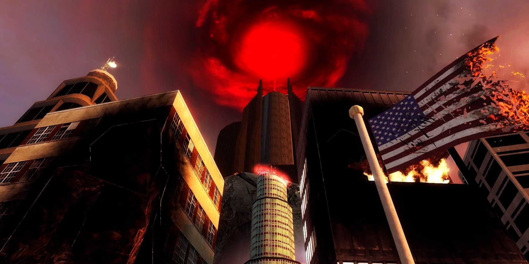 Image from an upcoming Half-Life 2 mod showing an ominous red vortex over a series of buildings.