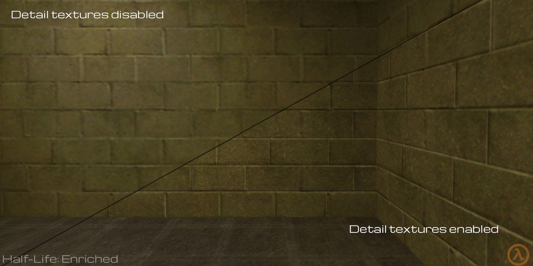 Изображение с разделенным экраном из мода Half-Life, которое показывает улучшенные текстуры по сравнению с оригинальными визуальными эффектами.