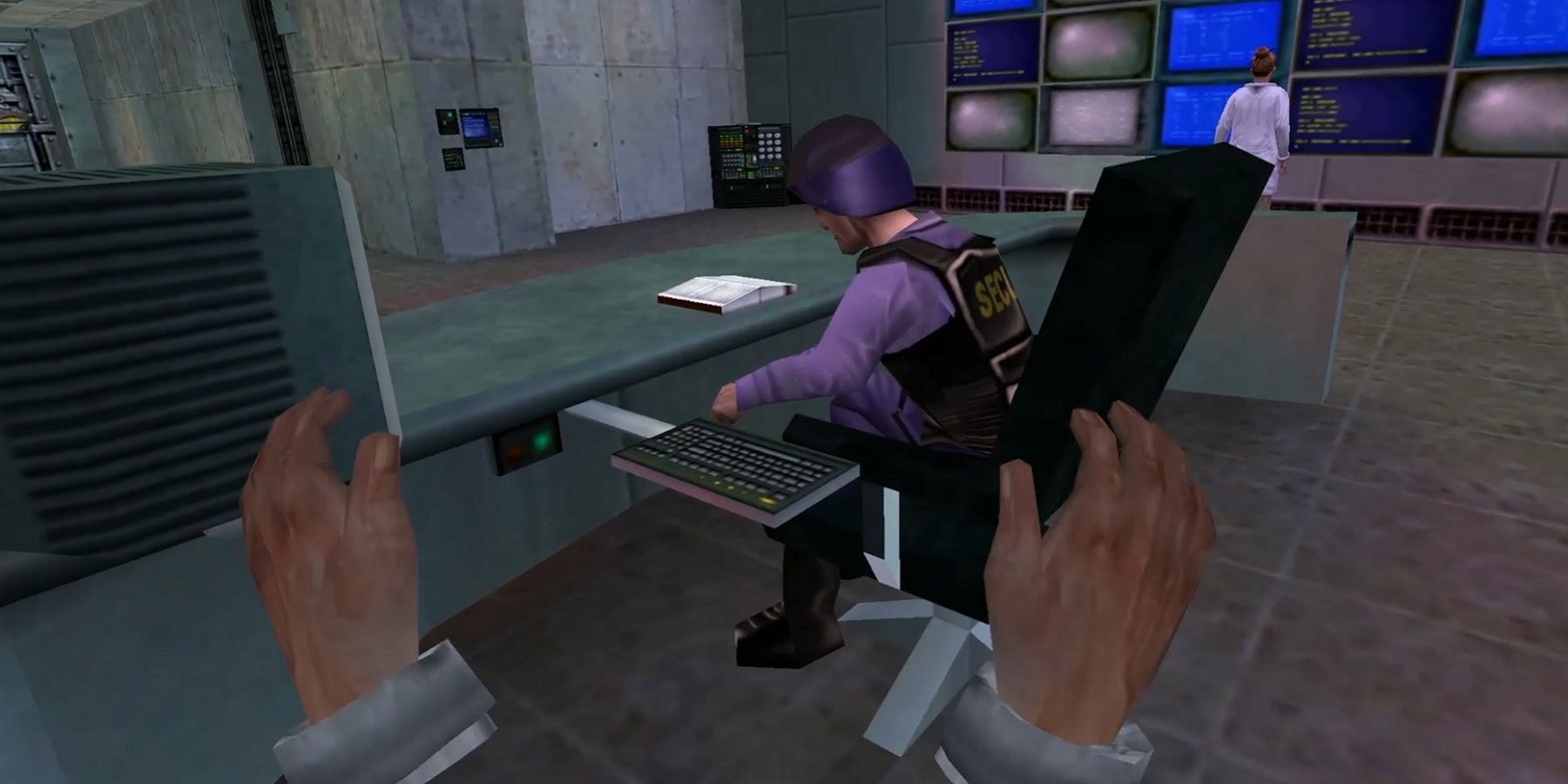 Screenshot from a VR version of Half-Life showing Barney sat at his desk.
