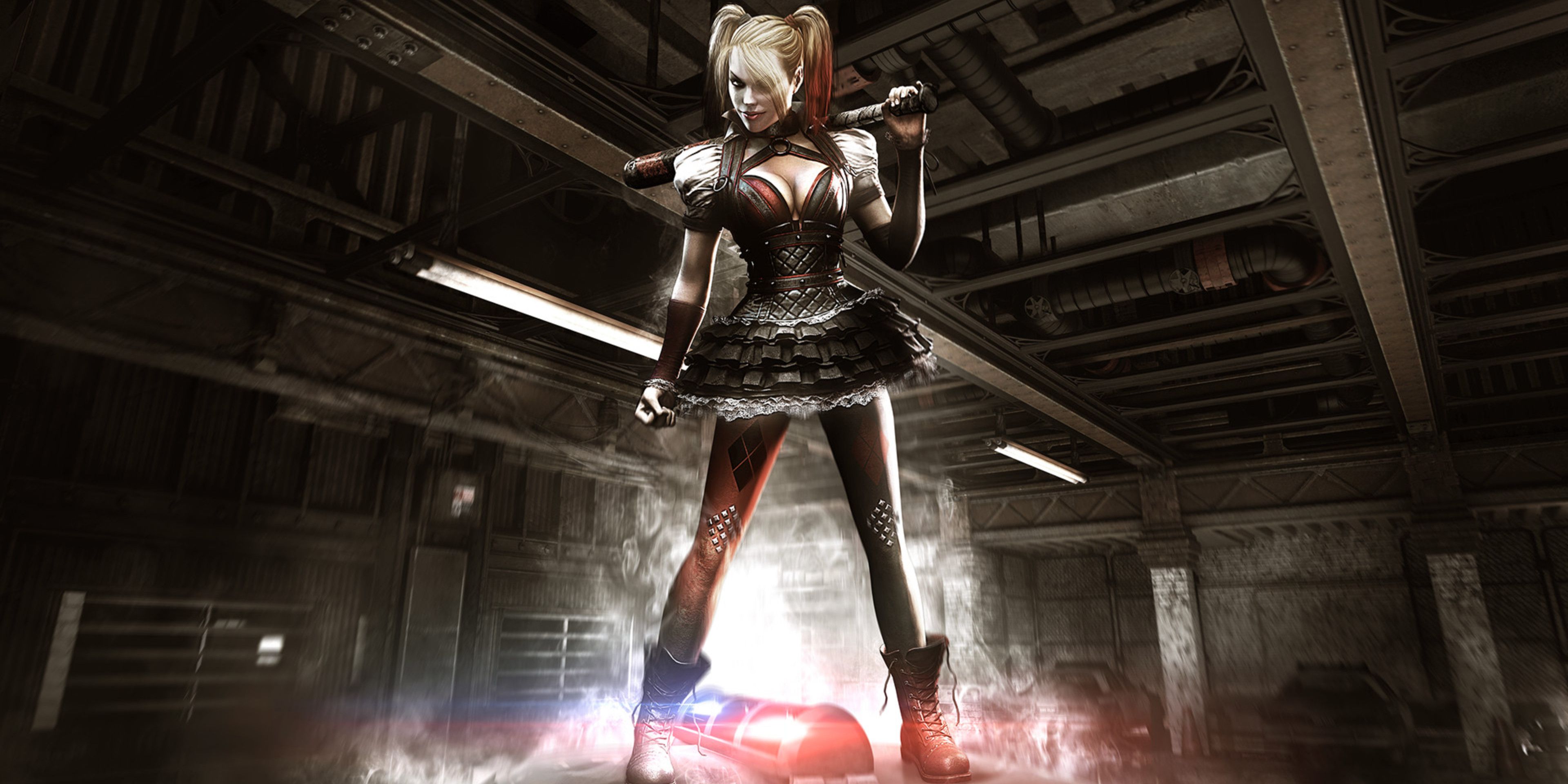 Harley Quinn in her Arkham Knight outfit stands on the roof of a police car with a bat in hand