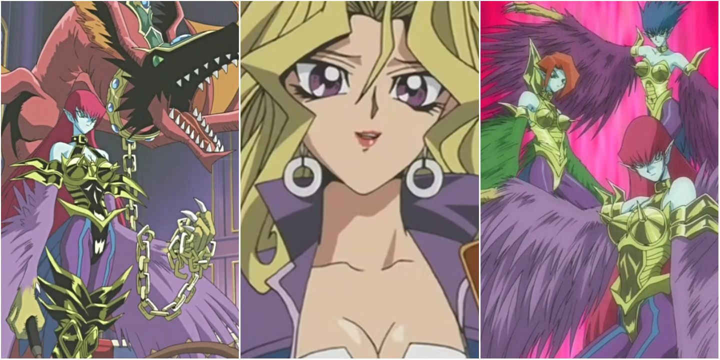 Three-way split grid of Harpie Ladies from the Yu-Gi-Oh! anime with Mai Valentine in the middle.