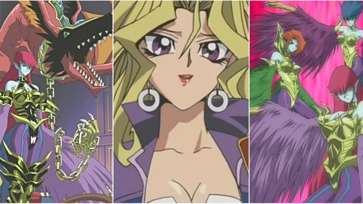 Three-way split grid of Harpie Ladies from the Yu-Gi-Oh! anime with Mai Valentine in the middle.