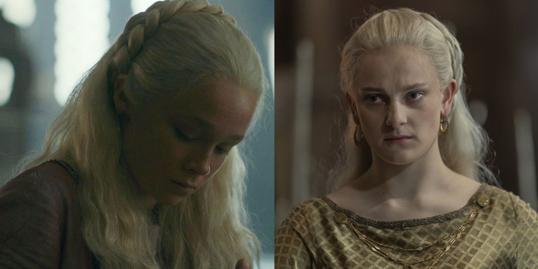 Helaena Targaryen played by Evie Allen and Phia Saban split image