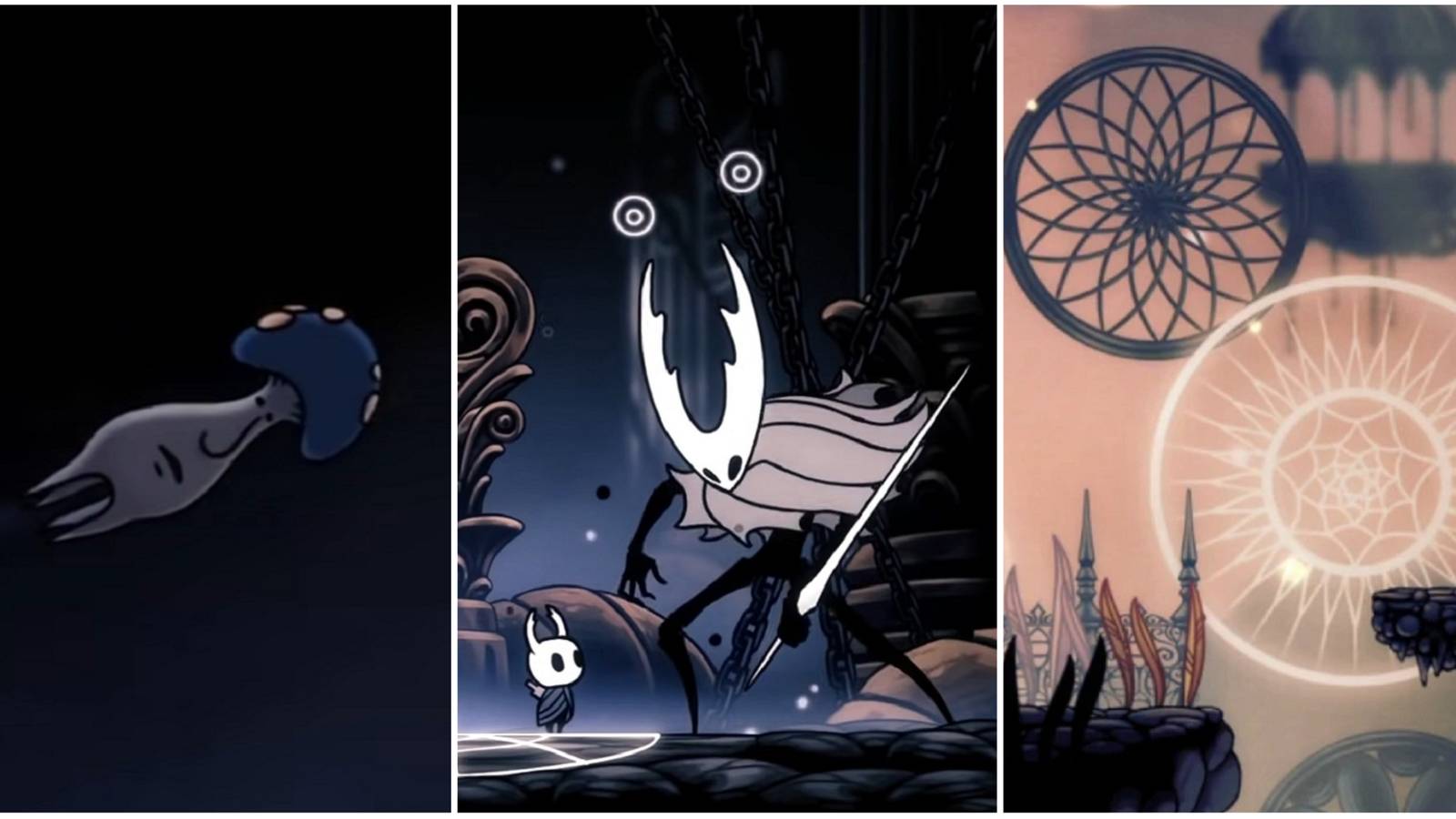 Mister Mushroom flying through the air, the Knight facing the Pure Vessel, and an image of the Dream Realm.