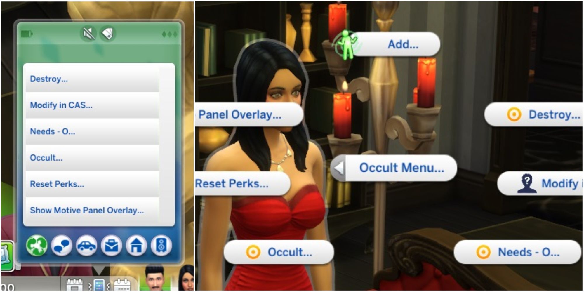 Two-way split panel of screenshots from The Sims 4.